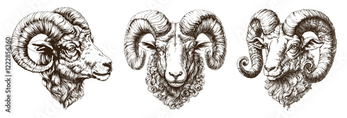 ram head drawing. ram engraving black and white, side profile livestock fur cattle farming agriculture vector illustration