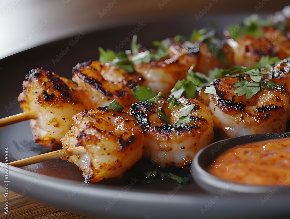Grilled shrimp skewers garnished with herbs and served with dipping sauce. Grilled shrimp skewers garnished with herbs and served with dipping sauce.
