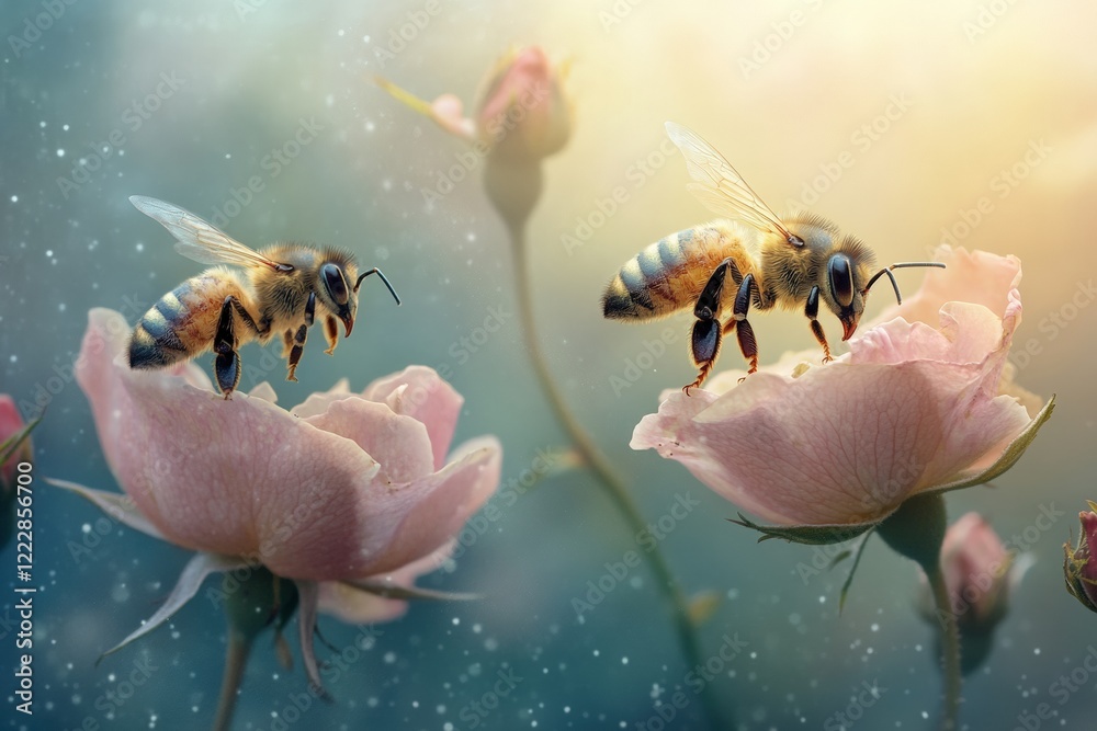 Bees buzzing around a blooming rose bush in a sunlit garden enjoying the beauty of nature and the fragrance of flowers. Generative AI
