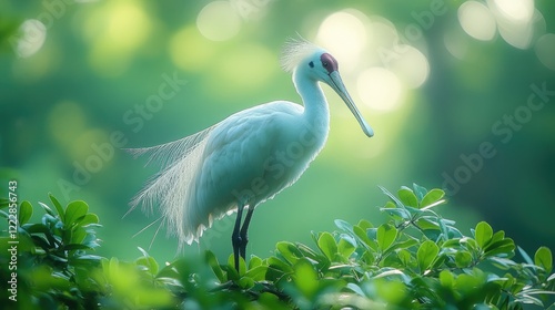 Eurasian Spoonbill in lush green foliage, sunlit background, wildlife photography photo