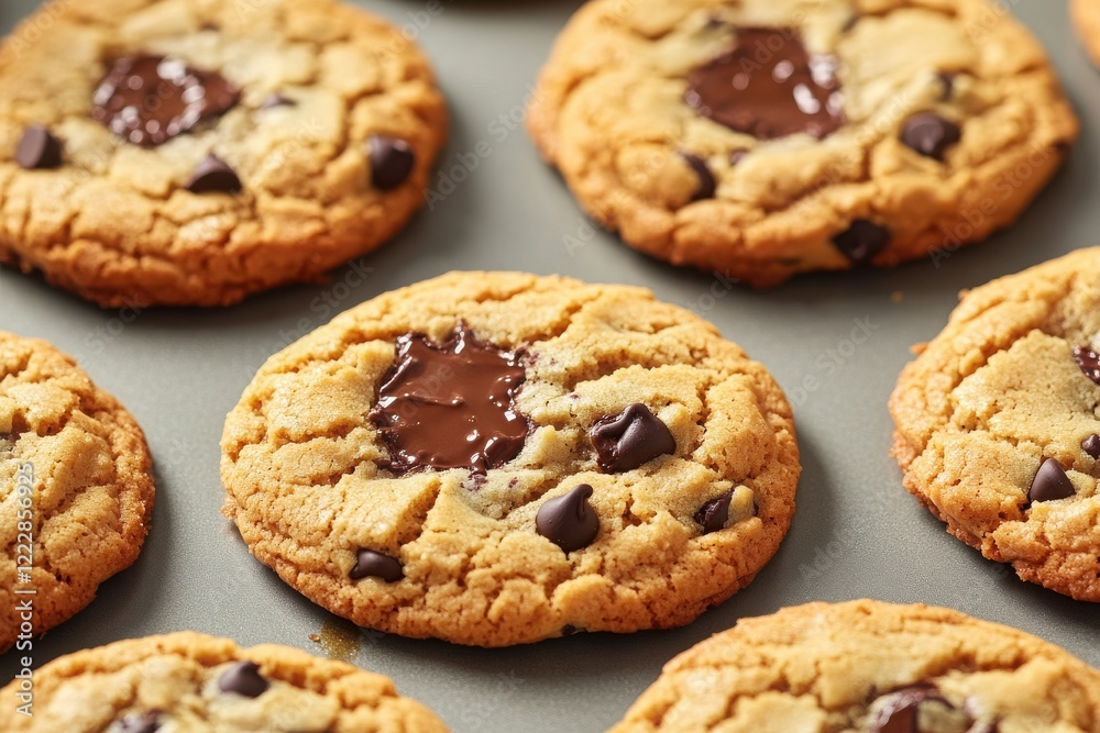Freshly baked chocolate chip cookies cooling on a baking tray, perfect for dessert lovers and culinary enthusiasts. Freshly baked chocolate chip cookies cooling on a baking tray, perfect for dessert lovers and culinary enthusiasts.