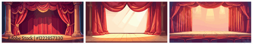 theater scenes cartoon set. scene background, empty projector red curtains curtain wooden floor chairs opera vector illustration
