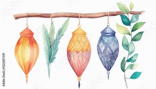 Colorful decorative lanterns hanging from a branch with leaves, showcasing artistic design and creativity