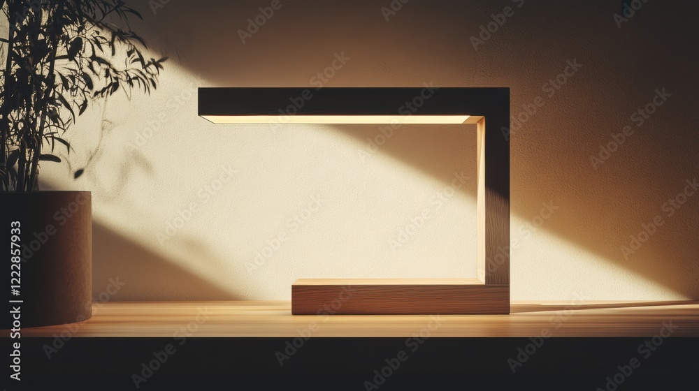 A modern wooden table lamp with a sleek black base and a warm, inviting light. A modern wooden table lamp with a sleek black base and a warm, inviting light.