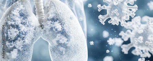 A close-up 3D rendering of PM 25 particles attaching to lung-shaped structures, symbolizing the health impact of air pollution
