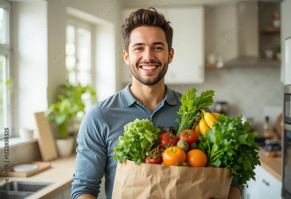 A smiling man in a modern kitchen holding a paper bag filled with fresh vegetables, including tomatoes, lettuce, and zucchini. A smiling man in a modern kitchen holding a paper bag filled with fresh vegetables, including tomatoes, lettuce, and zucchini.