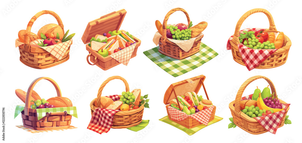 Fototapeta premium wicker baskets with food. lunch basket cartoon set, picnic sandwich bread vegetables fruits red green napkin nature hike summer outdoor recreation vector illustration