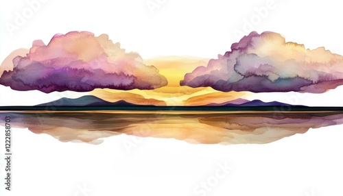 Serene sunset over tranquil water reflecting vibrant clouds and distant mountains at dusk