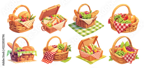 wicker baskets with food. lunch basket cartoon set, picnic sandwich bread vegetables fruits red green napkin nature hike summer outdoor recreation vector illustration
