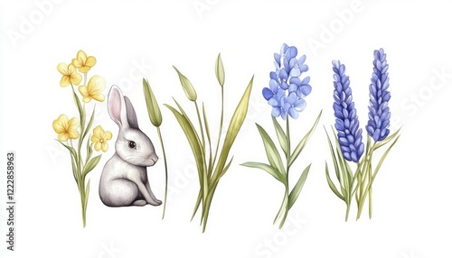 A serene illustration of a rabbit surrounded by vibrant spring flowers, evoking a sense of calm and nature