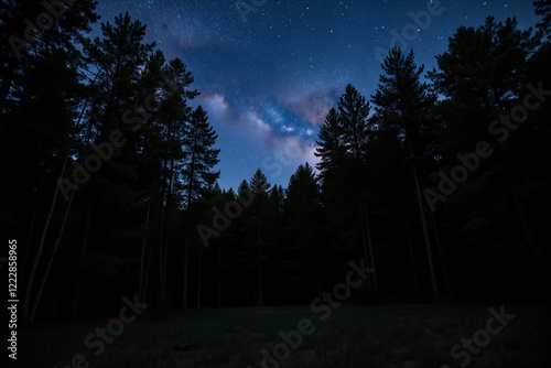 Starry night in a dense forest clearing with Milky Way