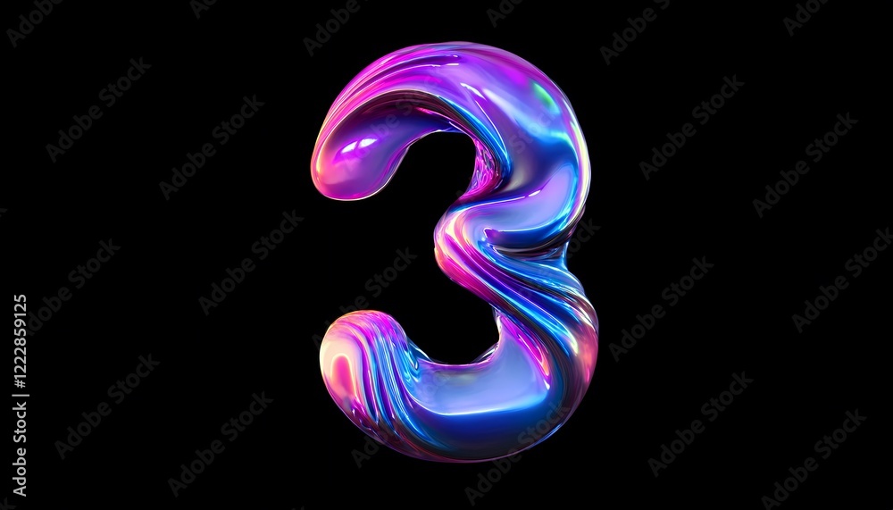 3 iridescent number three, isolated on black background - neon glowing number 3 iridescent number three, isolated on black background - neon glowing number