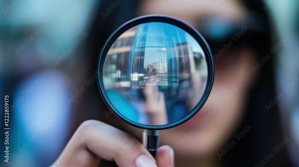 Fototapeta premium Magnifying Glass Shows Cityscape Reflection
