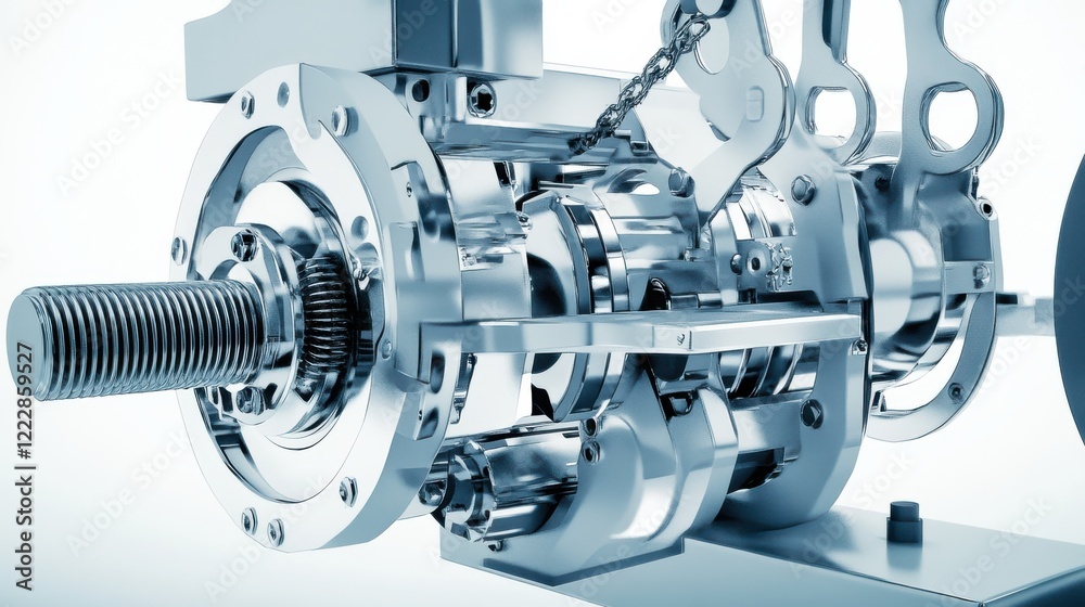 Fototapeta premium Close-up view of a polished mechanical engine component showcasing intricate design and engineering