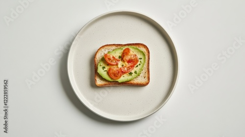 A white plate with a slice of toast and avocado on top.