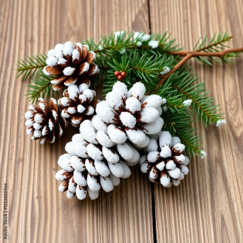 High-resolution stock photo showcasing snowy pine cones and a fir branch artfully arranged on a textured wood surface. Commercial-grade image with professional lighting and styling. High-resolution stock photo showcasing snowy pine cones and a fir branch artfully arranged on a textured wood surface. Commercial-grade image with professional lighting and styling.