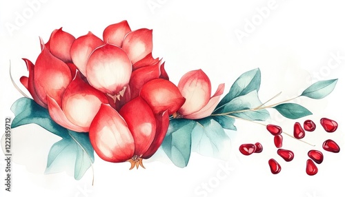 Beautiful watercolor illustration of red flowers with pomegranate seeds on a soft background, ideal for design
