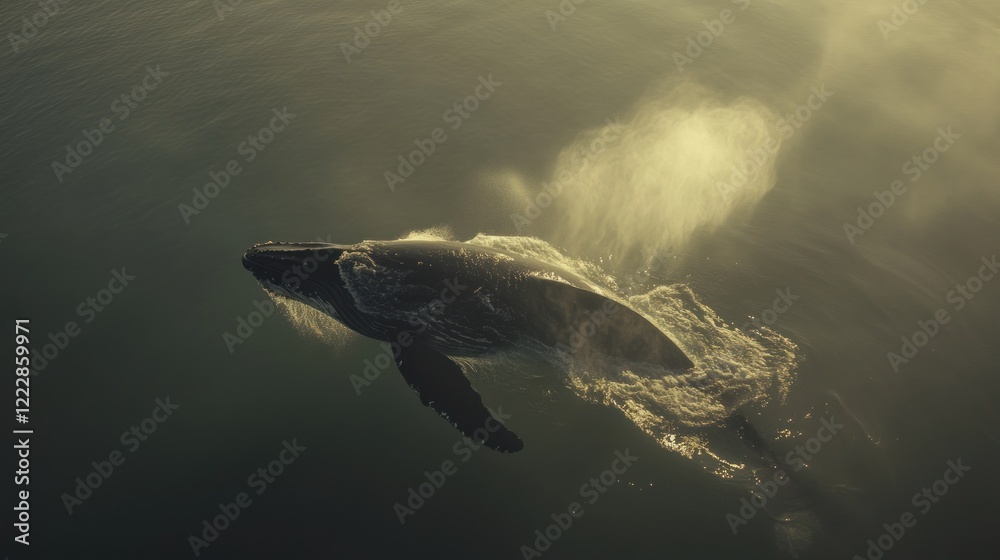 Humpback Whale Breaching Ocean Surface Golden Light Humpback Whale Breaching Ocean Surface Golden Light