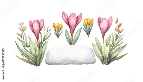 A serene arrangement of pink and yellow crocus flowers surrounding a smooth white stone, evoking tranquility