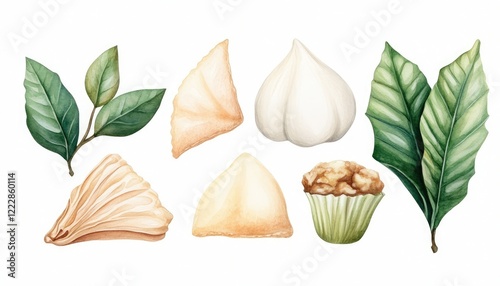 A collection of beautifully illustrated Asian dumplings and tea leaves, showcasing culinary diversity and culture