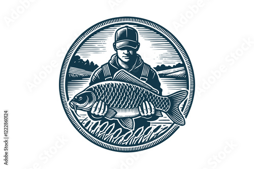 Vintage engraving of a fisherman with a carp in a natural setting