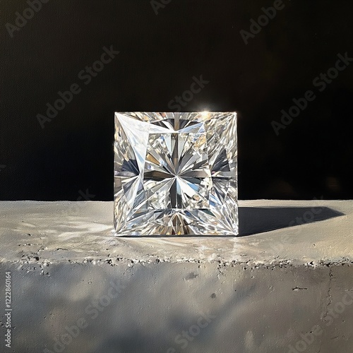 Sparkling princess-cut diamond on grey surface.