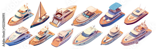 yachts isometric cartoon set. yacht, sailing motor boat marine luxury expensive transport vacation travel swimming cruise vector illustration