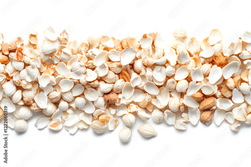 Scattered Nuts and Shell Fragments on White Background Scattered Nuts and Shell Fragments on White Background