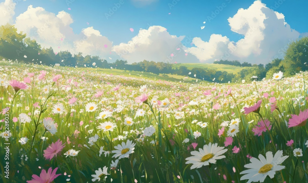 Fototapeta premium Meadow with lots of white and pink spring daisy flowers