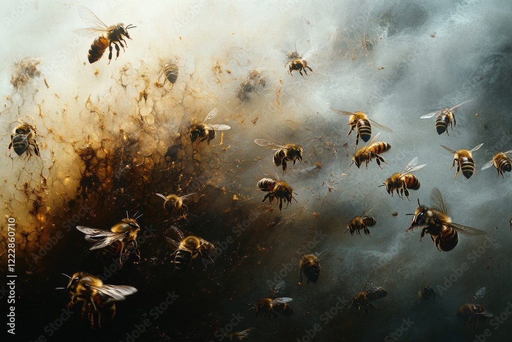 Natures delicate balance featuring bees in harmony with blooming flowers and lush greenery. Generative AI Natures delicate balance featuring bees in harmony with blooming flowers and lush greenery. Generative AI