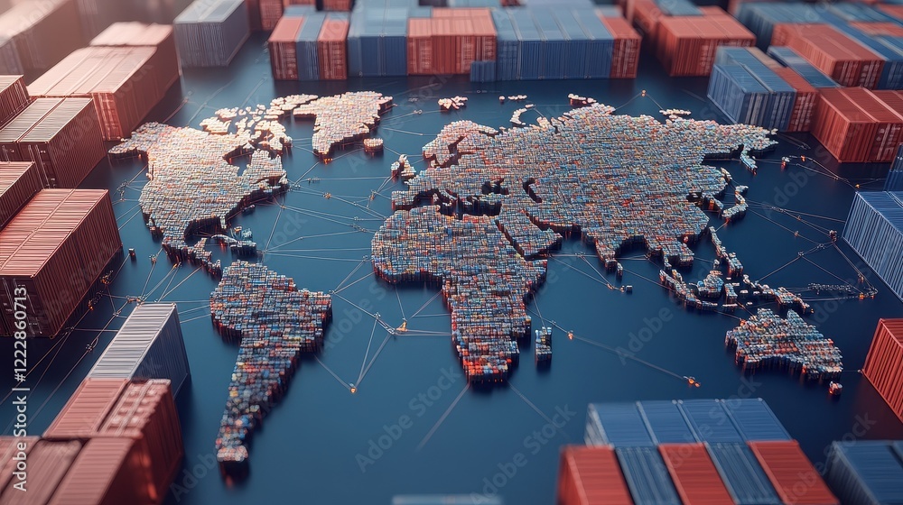 Naklejka premium Shipping containers, interconnected world map, 3D illustration.