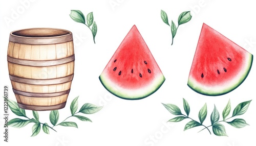 A vibrant watercolor illustration of a wooden barrel, watermelon slices, and green leaves, perfect for summer themes