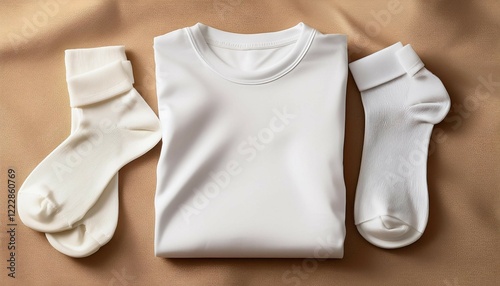 white t shirt and socks folded on beige fabric background