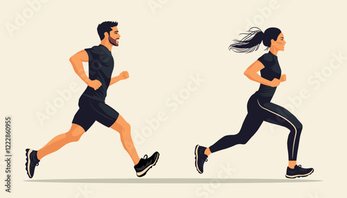 A man and a woman in sports clothes. People are running. Vector illustration on a white background.