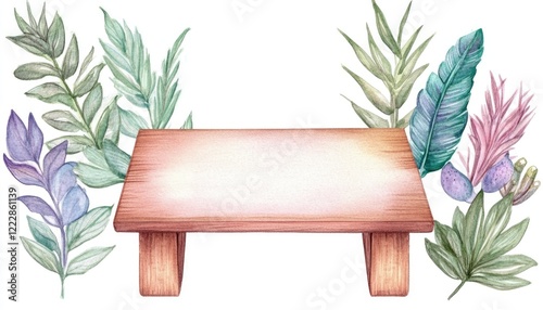 A wooden table surrounded by vibrant watercolor plants, set in a serene environment for creative use