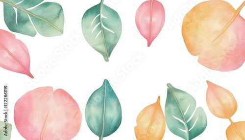 Colorful watercolor leaves arranged in a decorative pattern on a white background, ideal for nature-themed designs