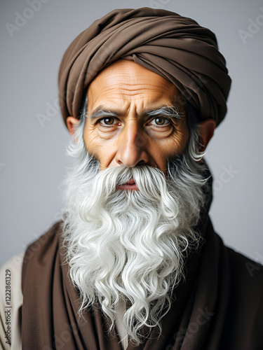 Close-up portrait old man long white beard turban Prophet of God photo