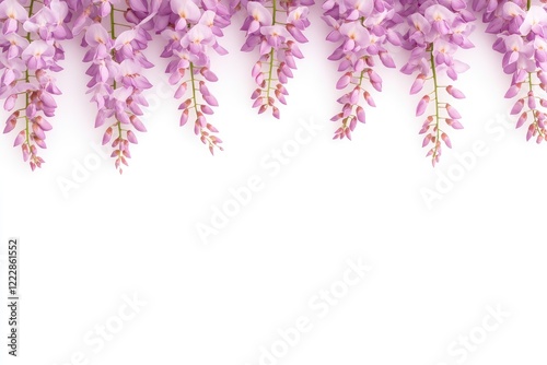 Beautiful cascading wisteria flowers in soft purple hues against a clean white background, ideal for invitations