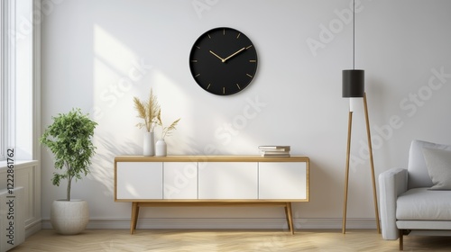 A modern living room with a black clock, white sofa, and wooden floor.