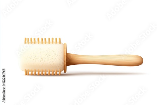 A close-up of a wooden-handled hairbrush with a textured head, resting on a clean surface, ideal for beauty use
