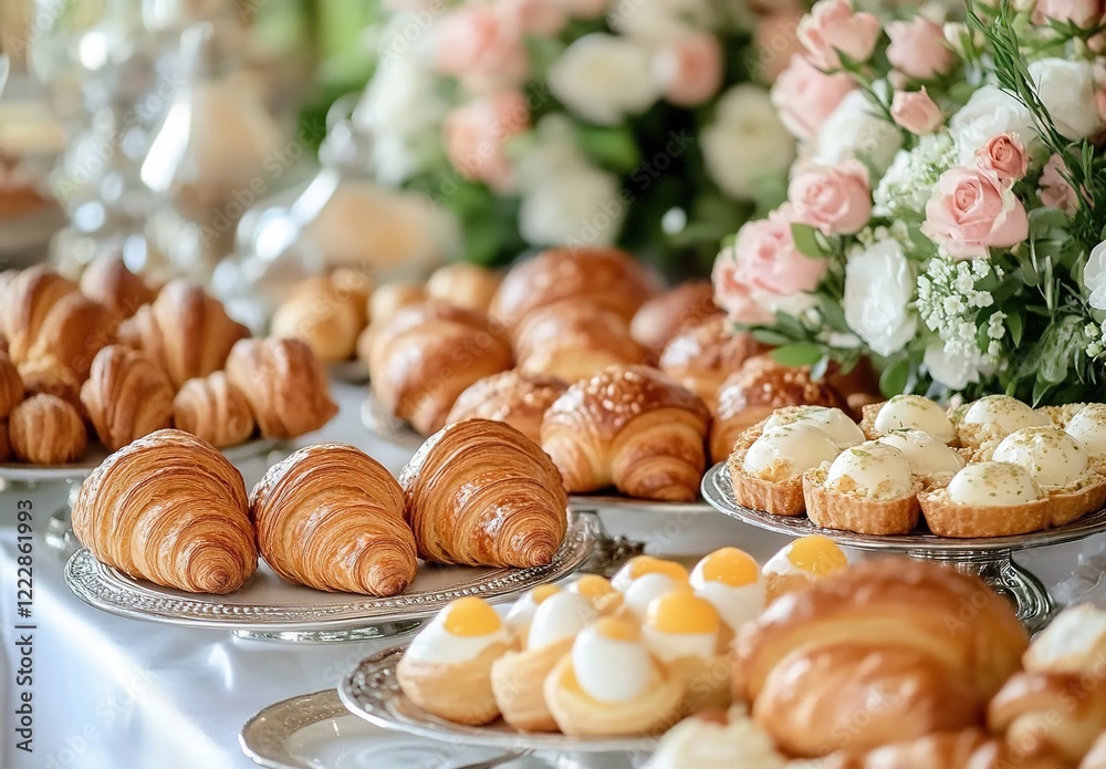 A beautiful table set with an array of croissants, pastries, and eggs on long platters, with fresh flowers in the background A beautiful table set with an array of croissants, pastries, and eggs on long platters, with fresh flowers in the background