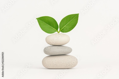 A serene arrangement of four stacked stones with green leaves symbolizing growth and harmony