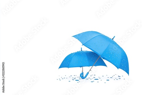 Two vibrant blue umbrellas with raindrops on them, set against a white background, conveying protection