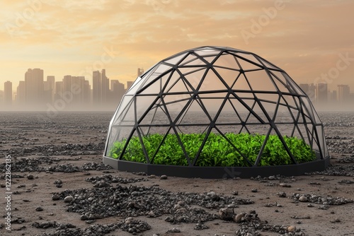 A futuristic dome shelter in 3D, protecting a small green area surrounded by a wasteland covered in pollution and debris
