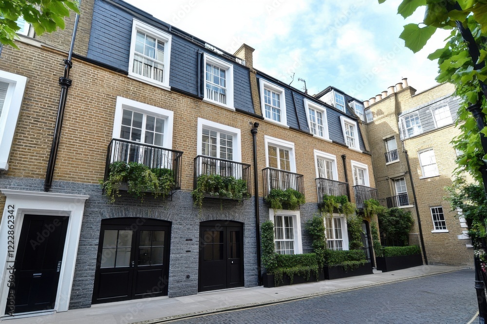 Naklejka premium Elegant brick townhouses showcasing modern architecture in a serene London street, adorned with lush greenery incorporating charm and style