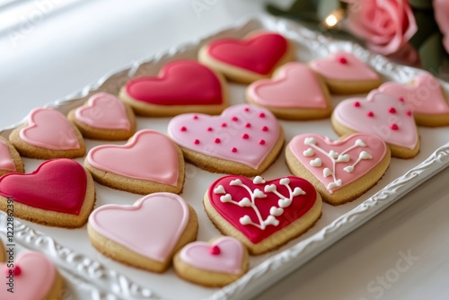 Heart-shaped cookies, red and pink icing, white tray, floral accents, Valentine's Day dessert table, soft lighting