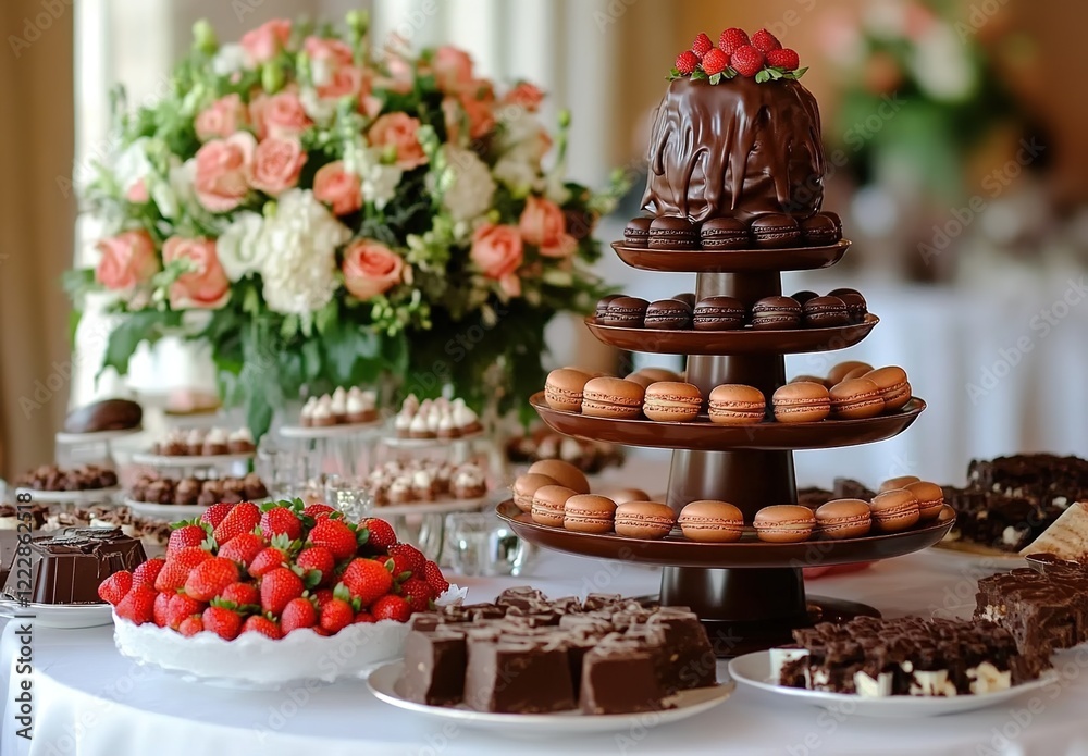 A chocolate fudge fountain surrounded by macarons, strawberries, and other chocolates on an elegant wedding table A chocolate fudge fountain surrounded by macarons, strawberries, and other chocolates on an elegant wedding table