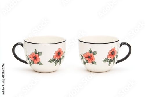 Two elegant ceramic cups adorned with floral designs, placed symmetrically against a clean white background