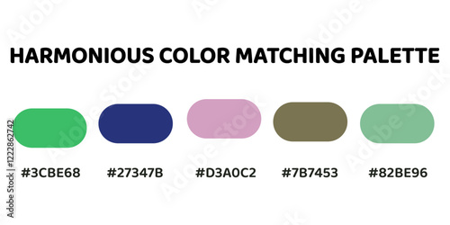 Harmonious color palette with five colors. This palette combines warm and cool tones, balanced and visually appealing aesthetic.  Spring Green, Navy Blue, Lavender, Dark Olive Green, Sea Green. 111.