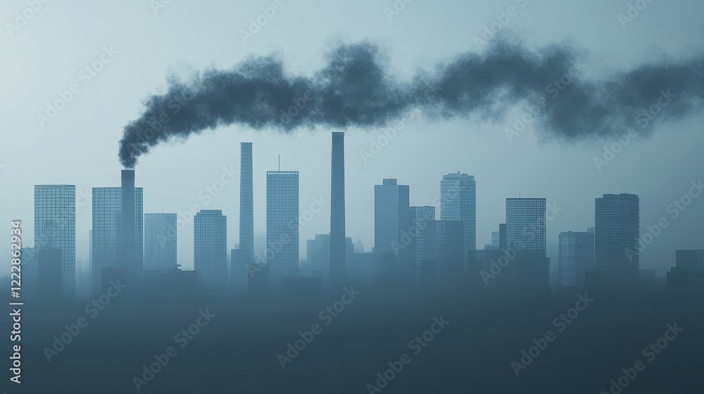 Fototapeta premium Urban skyline shrouded in smog, hazy atmosphere, 3D illustration. 